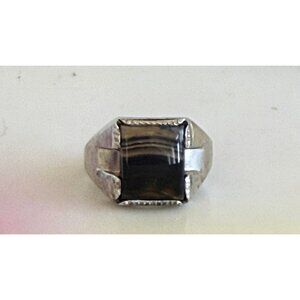 Vintage 60s Wallace Mfg Sterling Silver Black Banded Agate Ring Size 7 3/4